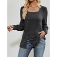 thumbnail image 2 of KelaJuan Women Fashion Ribbed T-Shirts Solid Color Square Neck Buttons Puff Long Sleeve Shirts Spring Fall Casual Loose Fit Tops, 2 of 6
