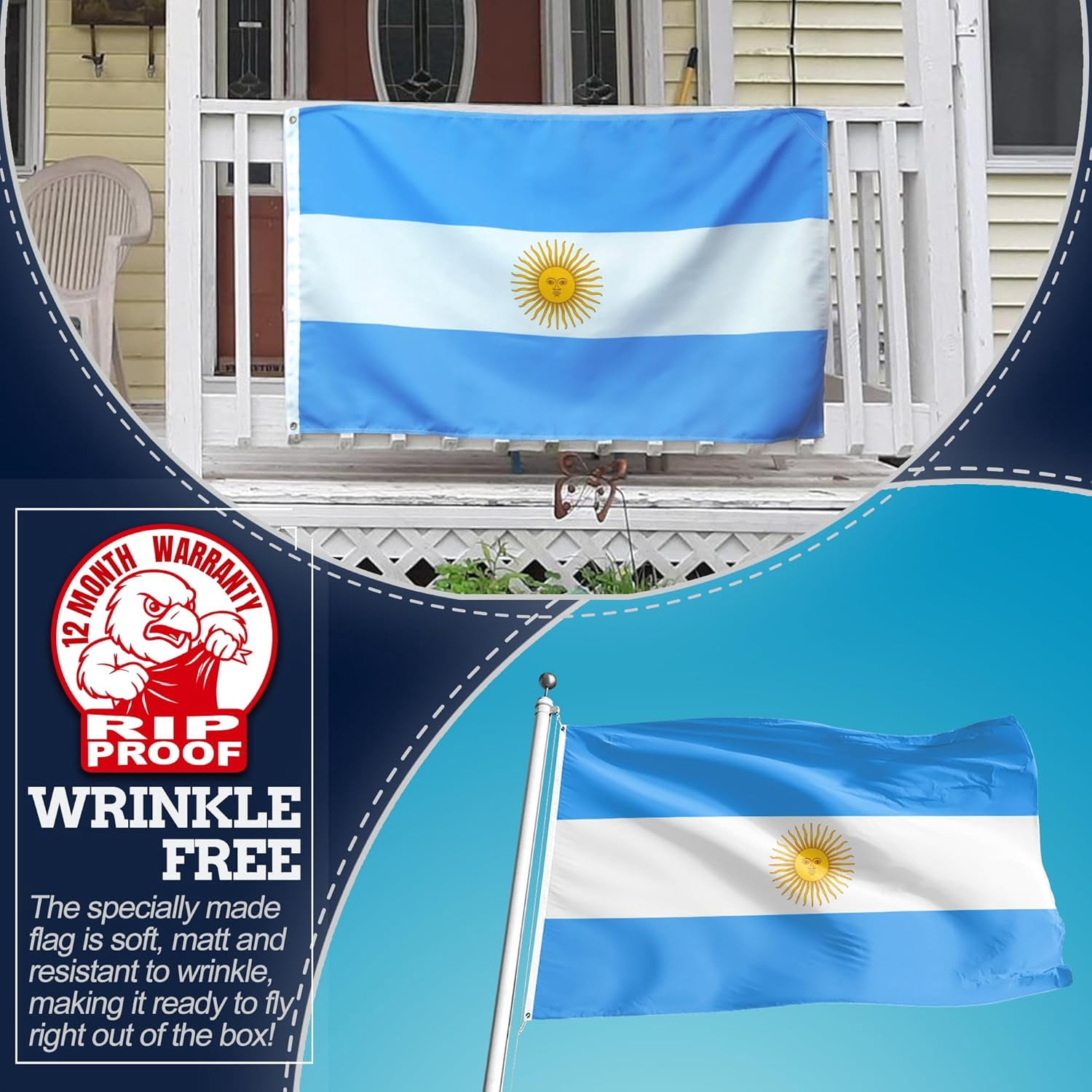 (2 pack) Anley Rip-Proof Double Sided 3-Ply Argentina Flag 3x5 Ft - Argentinian National Flags