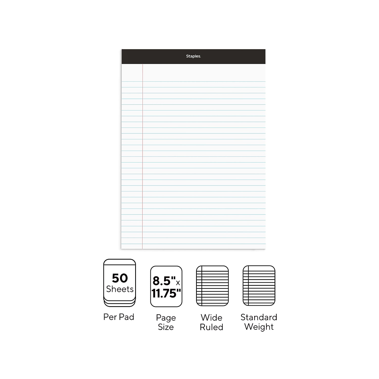 Staples Notepads 8.5" x 11.75" Wide Ruled White 50 Sheets/Pad 24/Carton ST57339M/5733VS