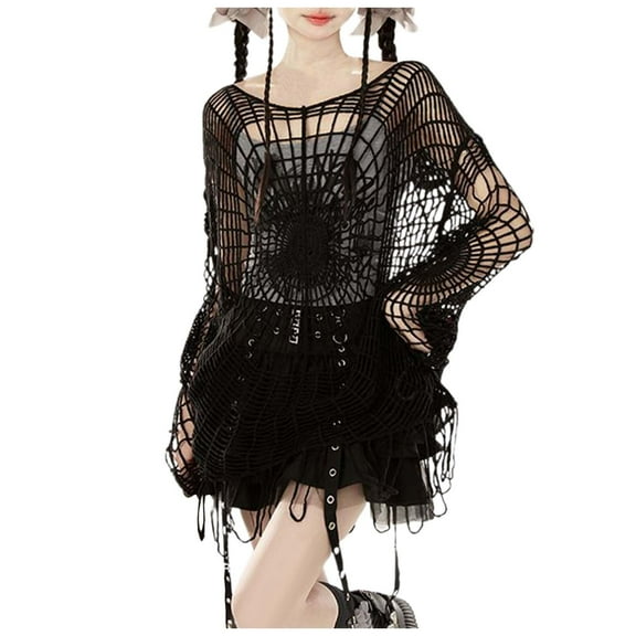 Wdgfv Breathable Women's Pullover Gothic Hollow Knit Pullover Sweater For Women Dark Hooded Tunic Top Casual