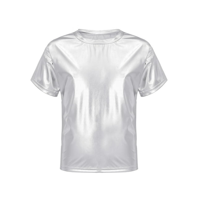 Eandarui Enfants Garçons Filles Manches Courtes Danse Fête Performance Hauts Mode Brillant Métallique Hip Hop Rue T-Shirt Tees Argent 100