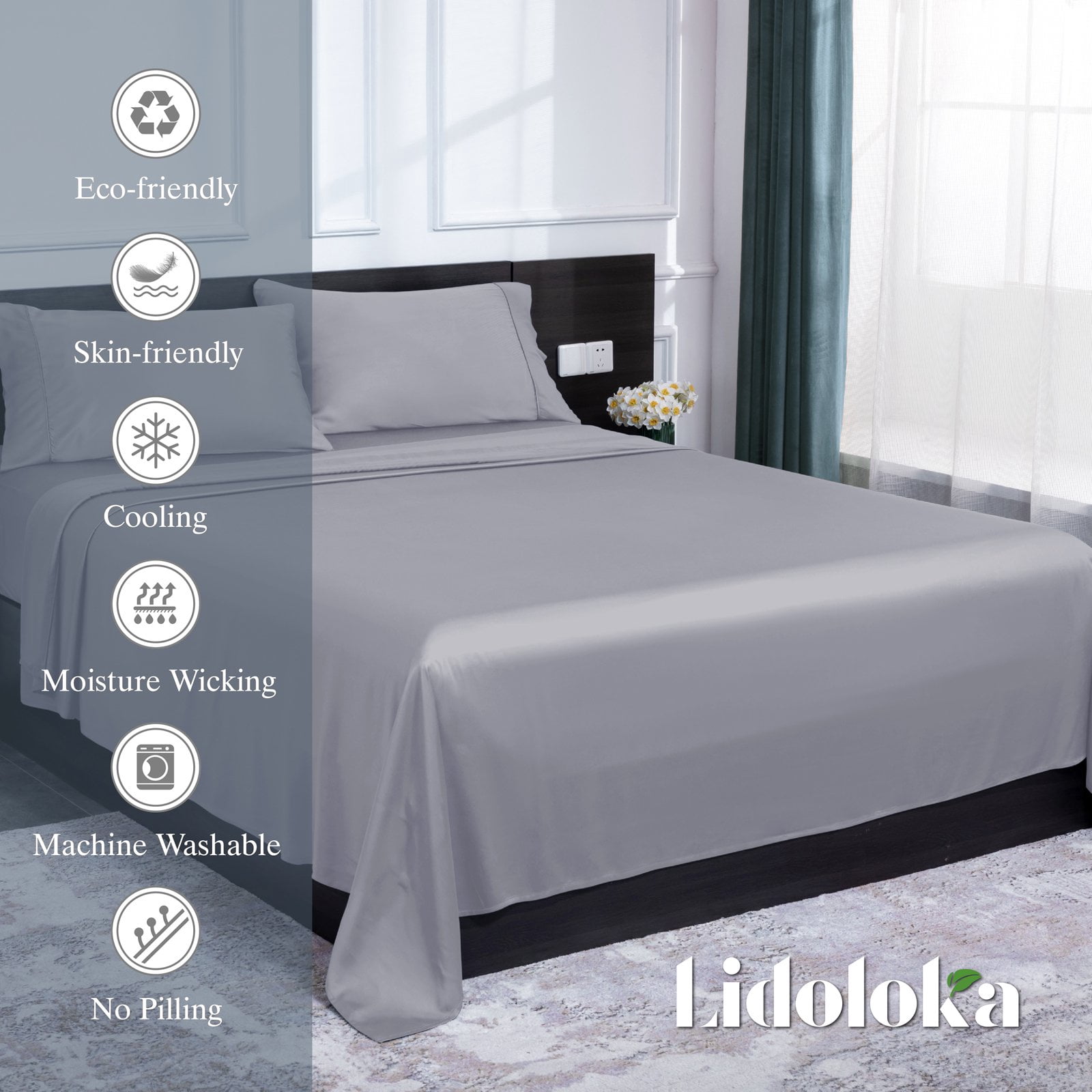 Lidoloka Luxury Bamboo Bed Sheets Set Queen 4 Pcs for Adult,Soft&Cool,16" Deep Pocket,Gray