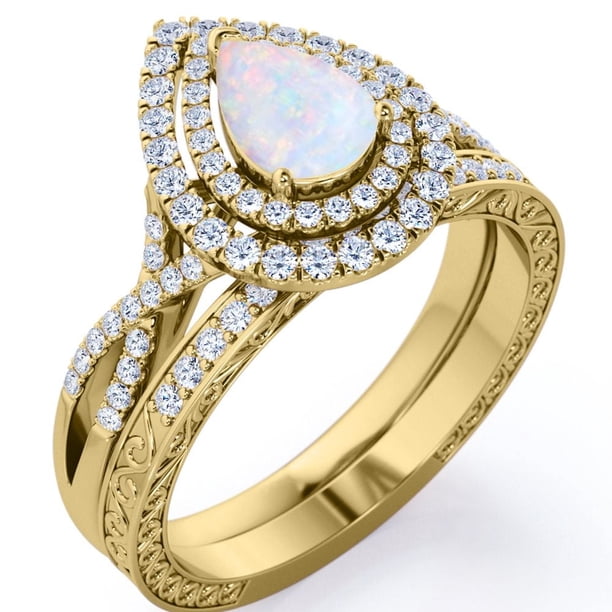 JeenMata Anillo de Bodas de Filigrana Cruzada con Ópalo de Fuego en Forma de Pera y Moissanita de 1,75 Quilates - Engaste de Doble Halo Pavé - Chapado en Oro Amarillo de 18 K sobre Plata