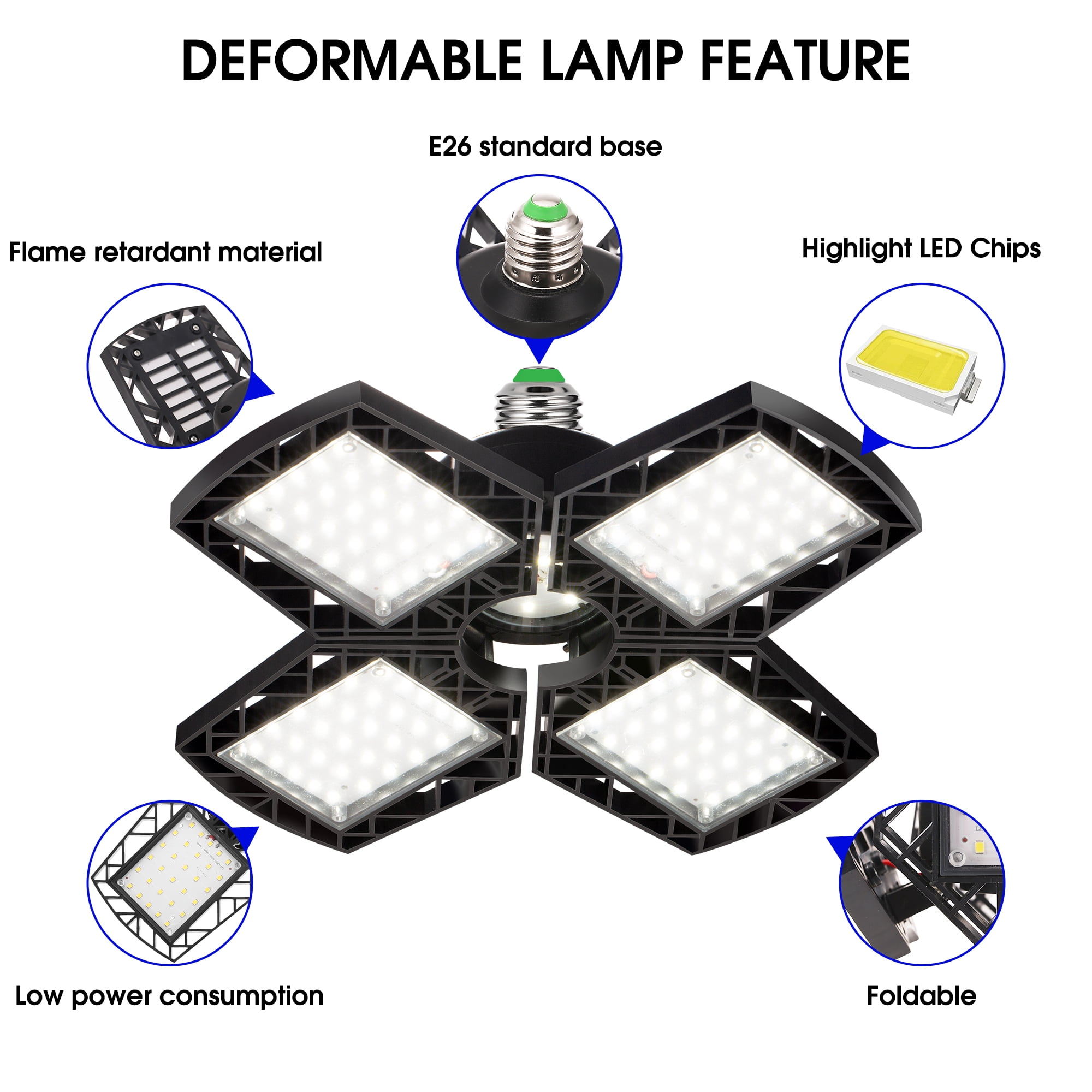 YANSUN  38W 4-Leaf E26 Garage LED Ceiling Light, 6000K Daylight, 8000LM High Brightness Deformable Fixture, for garage, workshop and storage room