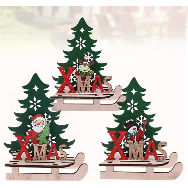 Adorno de Navidad de madera Trineo de Navidad Santa Muñeco de nieve Reno Adornos de mesa Regalos Navidad Artesanía Asamblea Juguetes3pcs)