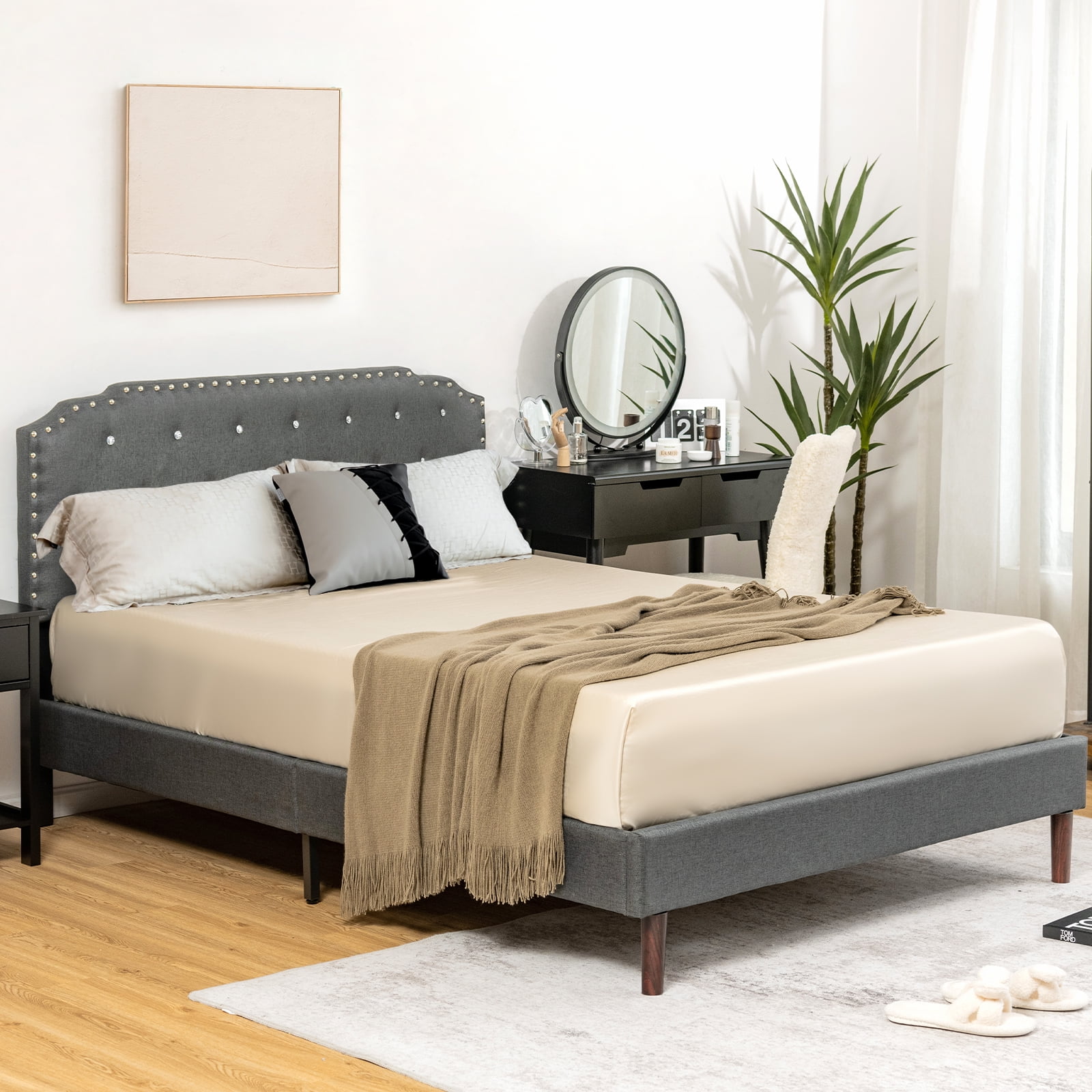 Costway Full Upholstered Bed Frame Adjustable Diamond Button Headboard Easy Assembly