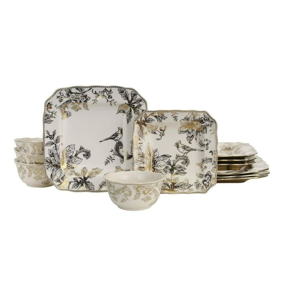 Christmas Lane Electroplate 12-Piece Dinnerware Set for 4, White/Gold Porcelain Dish Set