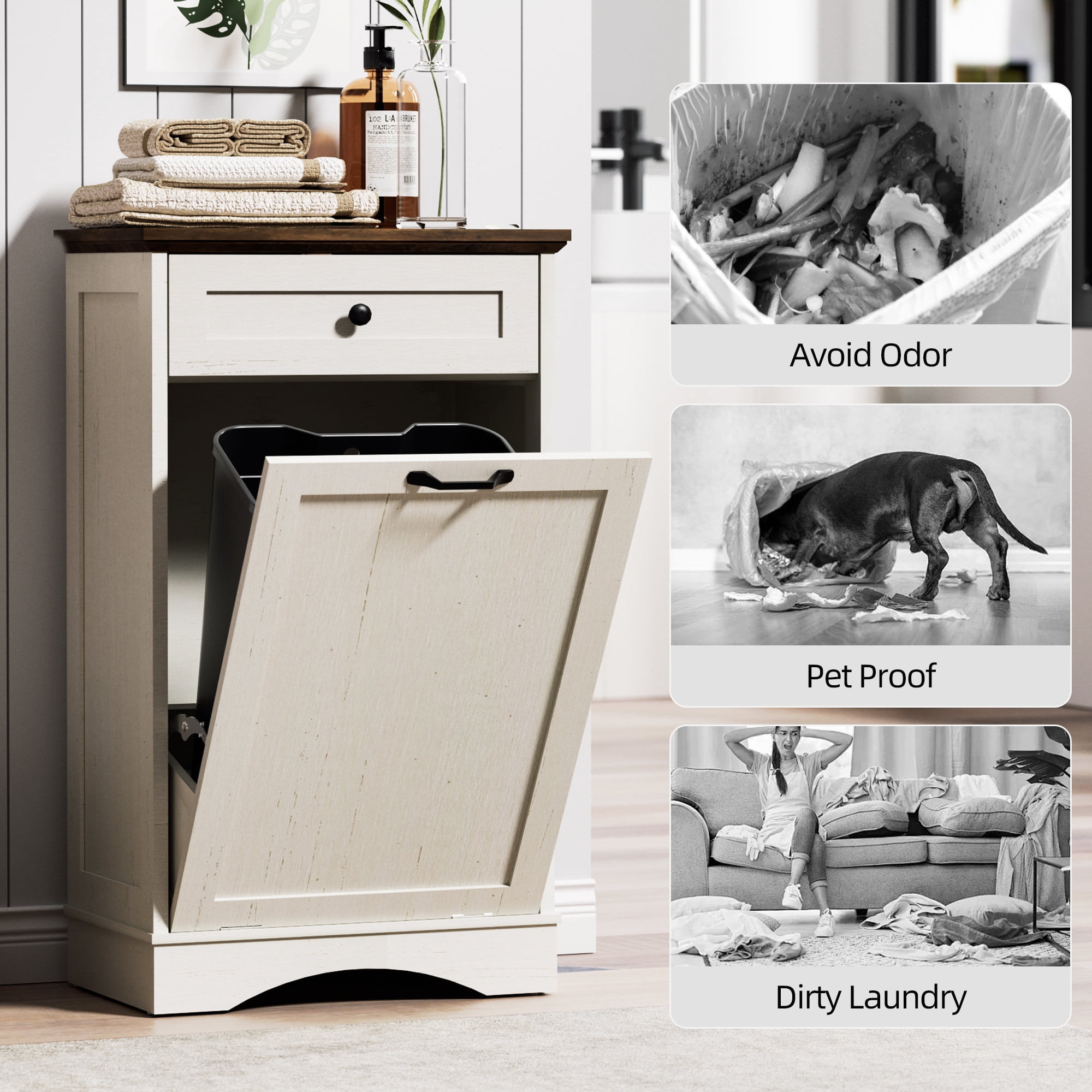AHB 13 Gallon Tilt Out Kitchen Trash Cabinet with Drawer, Single Trash Can Storage Organizer, 20.9"L x 13.55"W x 38.5"H , White