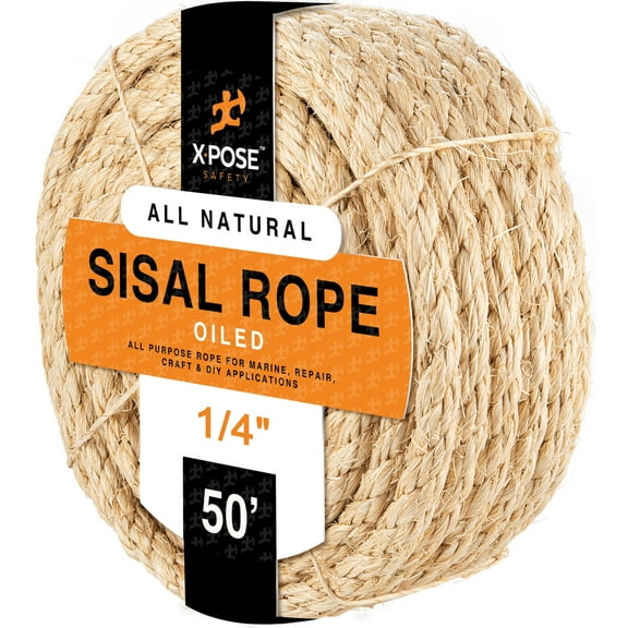 Sisal Rope - 1/4 Inch Thick Rope - 50 Ft Rope - Heavy Duty Durable Natural Fiber Rope - Crafts, Cat Scratching Post, Cat Tree Rope Replacement, Scratch Tower for Cats - Indoor/Outdoor Carpet