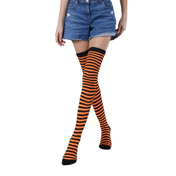 Sonducket Paquete de 2 calcetines a rayas de talla grande hasta el muslo, elasticidad, transpirabilidad, cómodos, cálidos, apariencia de moda, medias Medias naranja negro Sonducket AP008874-21