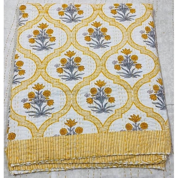 Yellow Floral Block Print Indian Kantha Quilt Handmade Cotton Bedspread Hand-Stitched Indian Blanket Lightweight Boho Bedding Quilt