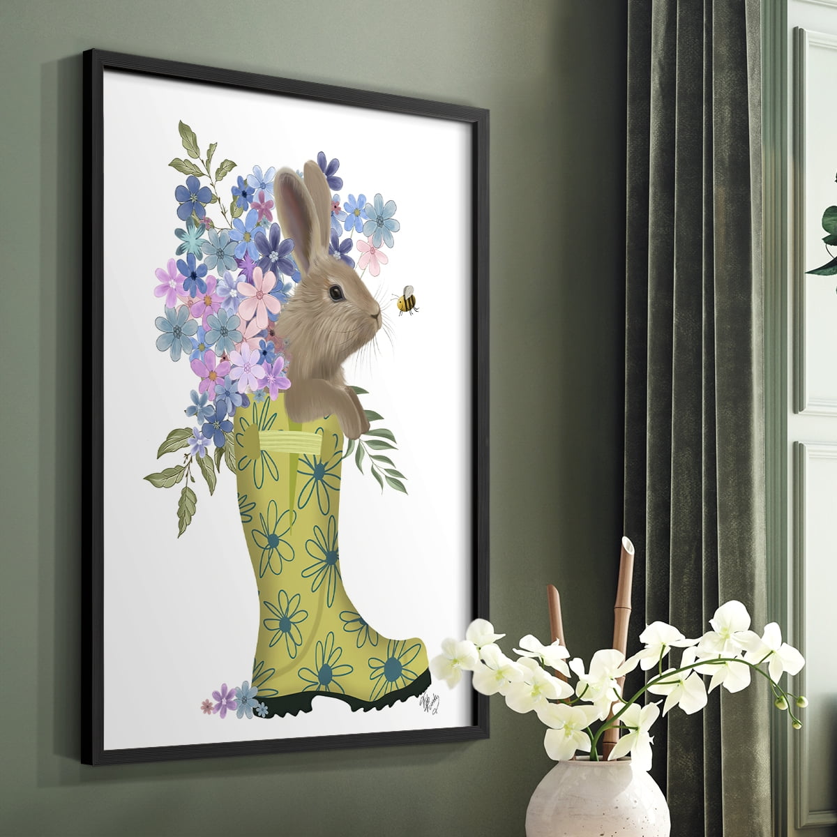 Welly Bunny And Bee Framed Print in Black Solid Wood 8 x 10 Framed Print