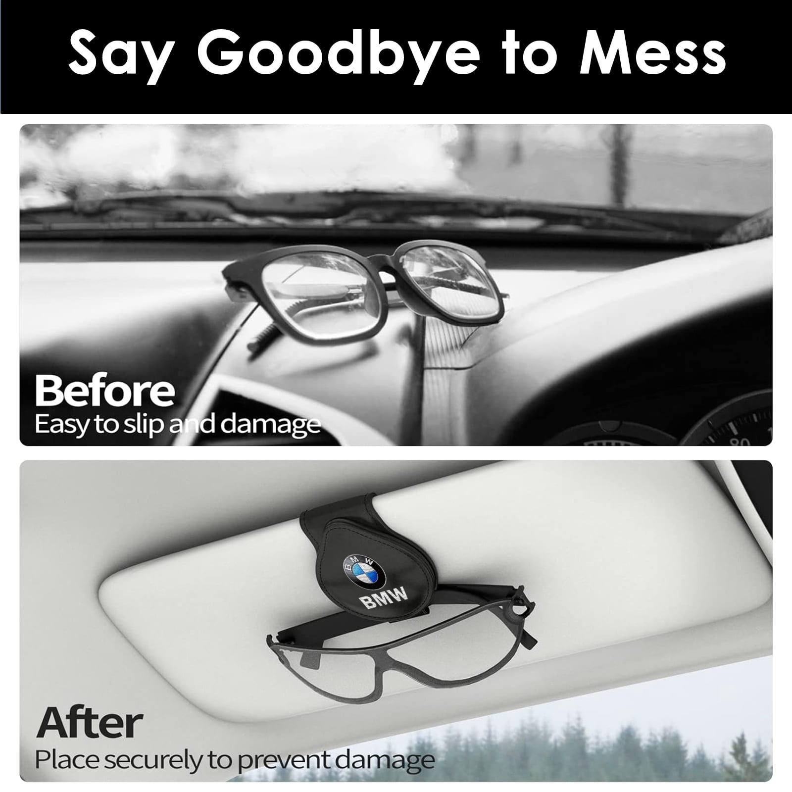 BMW Sunglass Holder for Car, Magnetic Leather Sunglasses Holder and Ticket Card Clip, Car Visor Accessories, 2 Packs (Black)