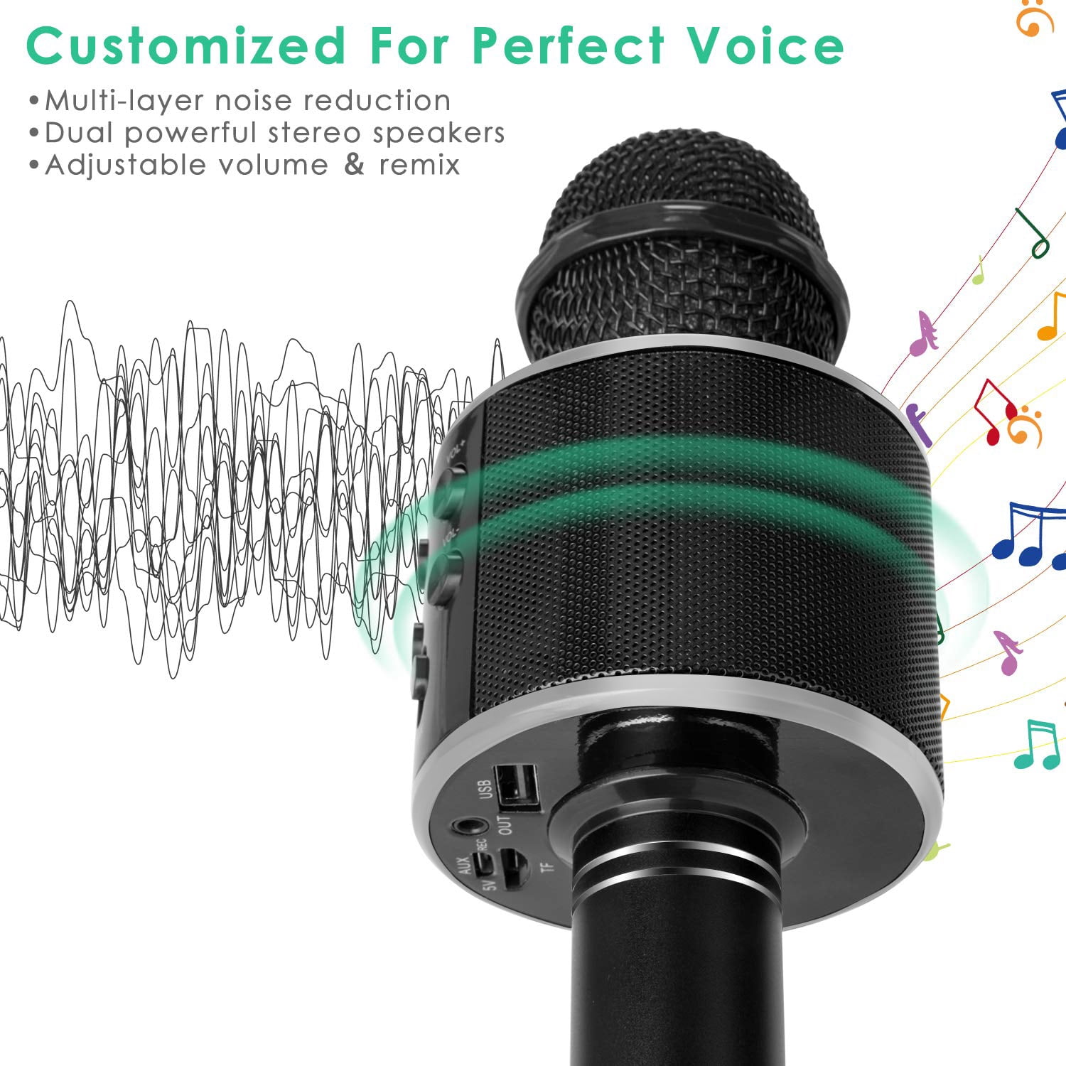 DAKIMOE Wireless Bluetooth Karaoke Microphone, Portable Handheld Singing Microphone for Kids Adults with Stereo Speaker and Voice Changer for All Smartphones, Gifts for Girls Kids Adults, Black