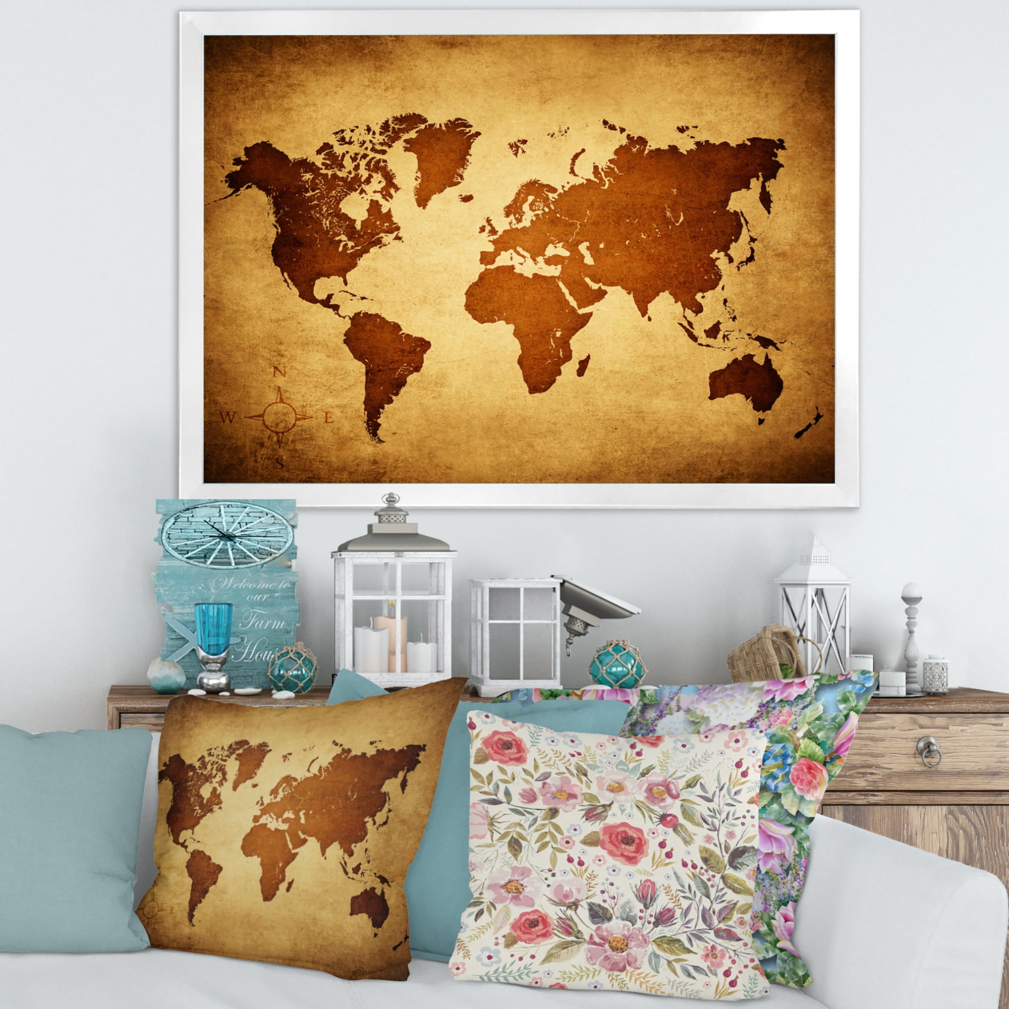 Designart 'Ancient World Map VI' Vintage Framed Art Print