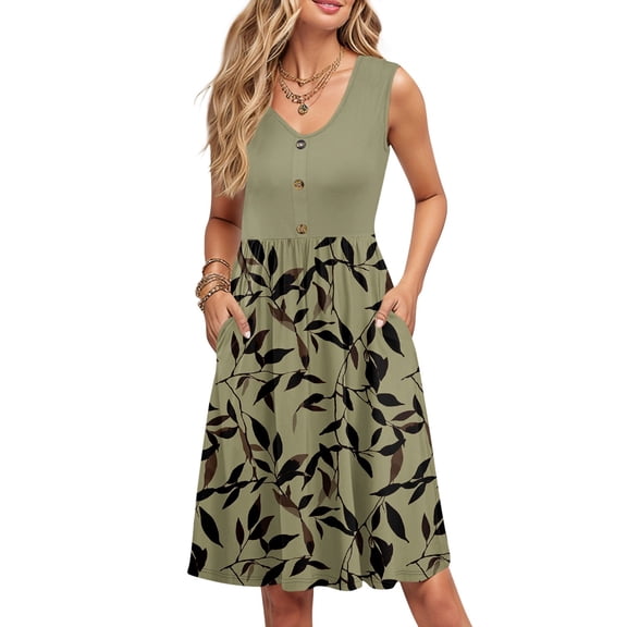 WTOBBY Women's Sleeveless Casual Summer Dress with Color Block Print V-Neck Button Down Pockets Loose Swing Midi Sundress for Beach Vacations and Resorts,Army GreenL