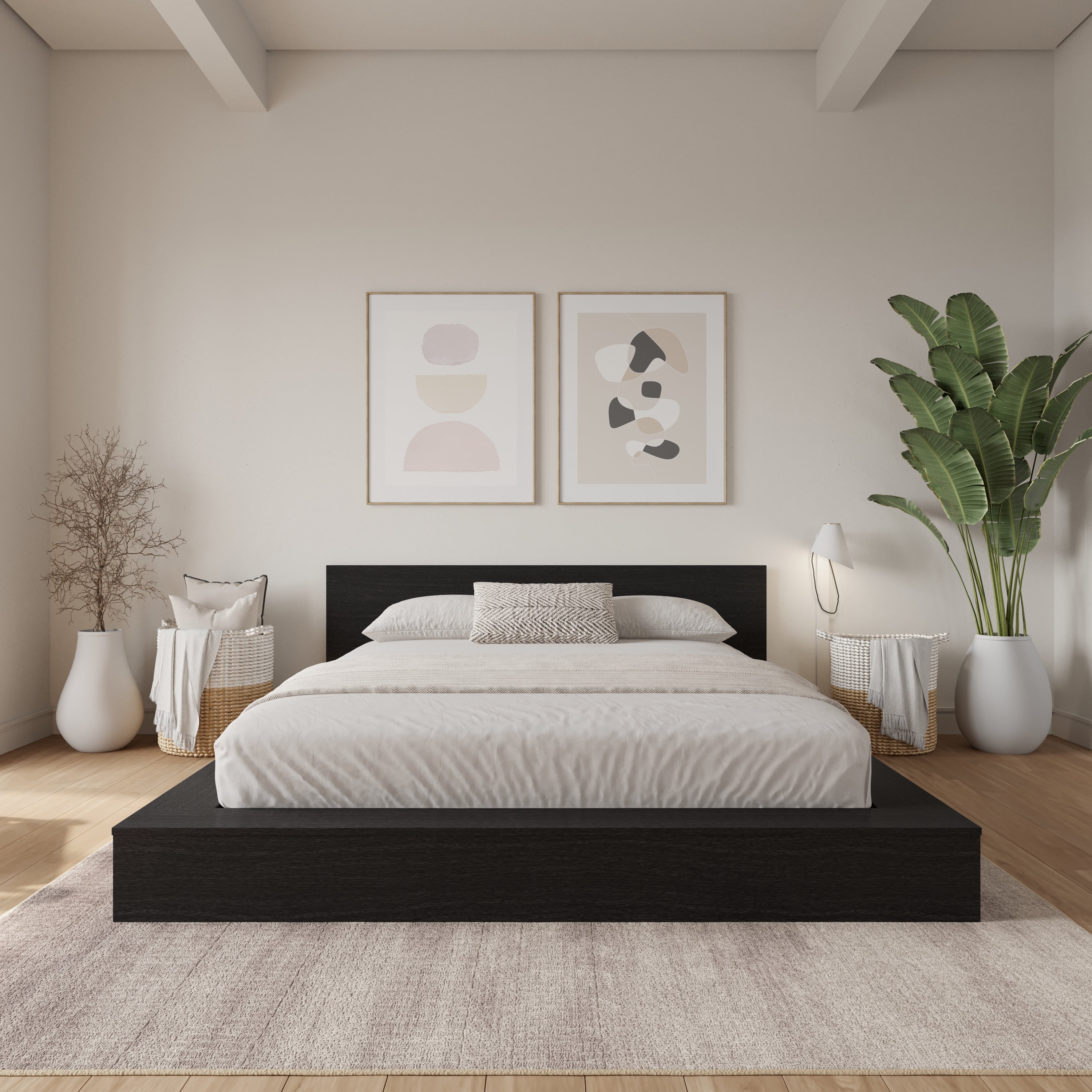Nexera Kanso King Low Profile Wood Platform Bed with Headboard, Black Oak