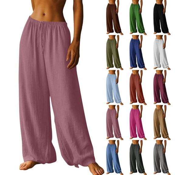 Jsaierl Women's Linen Wide Leg Palazzo Pants Summer Casual Drawstring Elastic Waist Loose Breathable Trousers