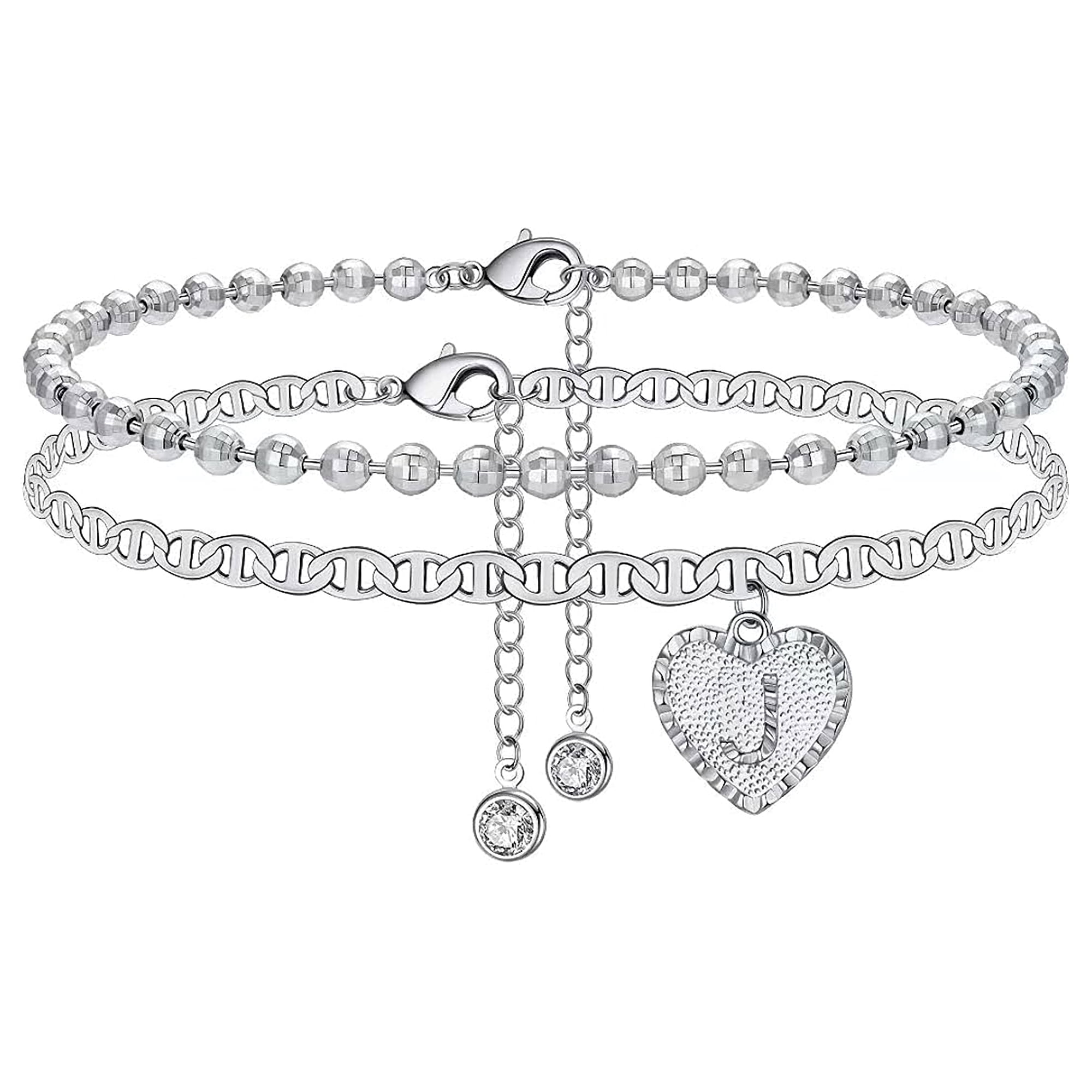 ROLOWAY Initial J Anklet Silver Copper Ankle Bracelet Adjustable, 8 inches