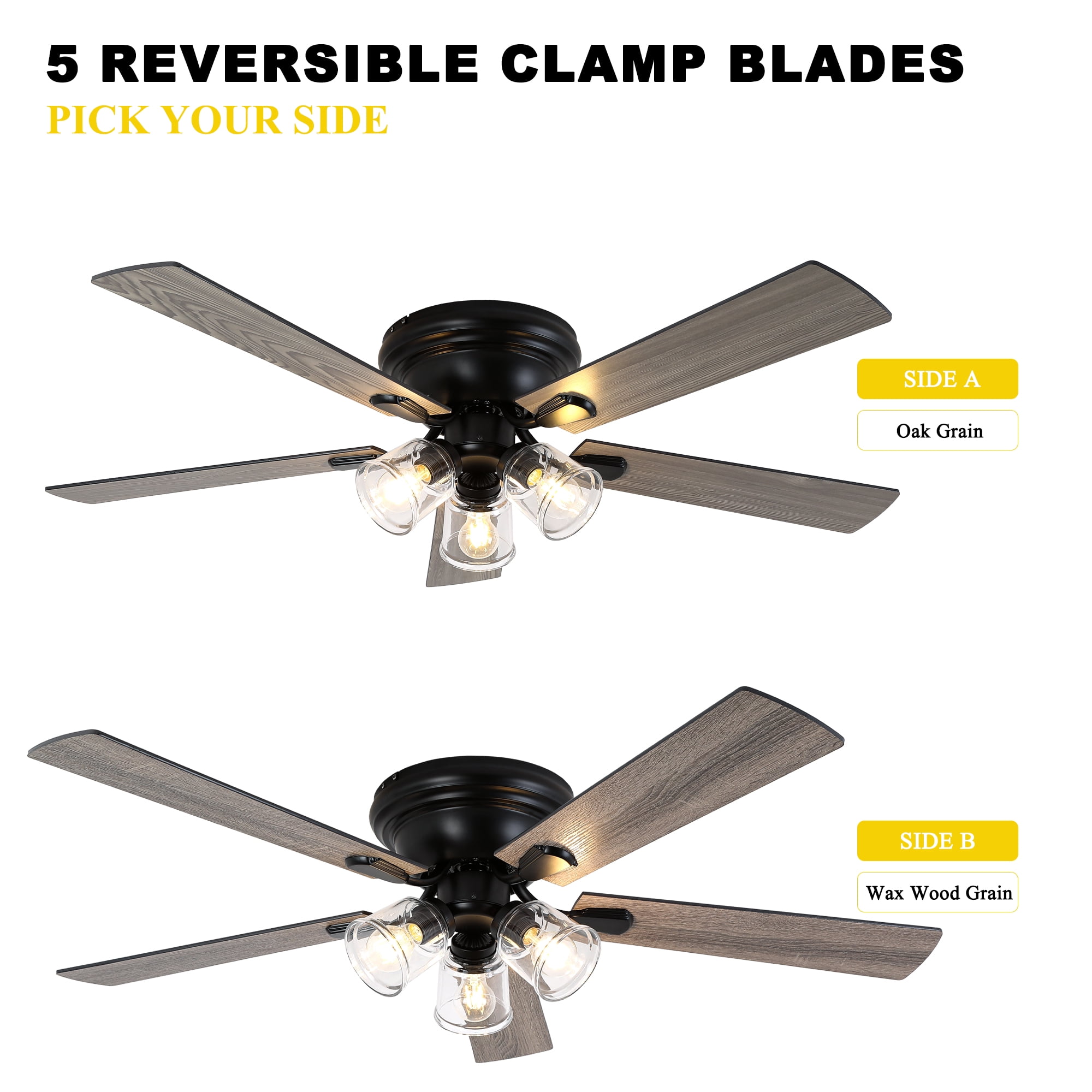 Chords Attic 52" Vintage 5-Blade Flush Mount Ceiling Fan with Lights and Remote Control, Rustic Farmhouse Ceiling Fan for Living Room, Dining Room,Bedroom