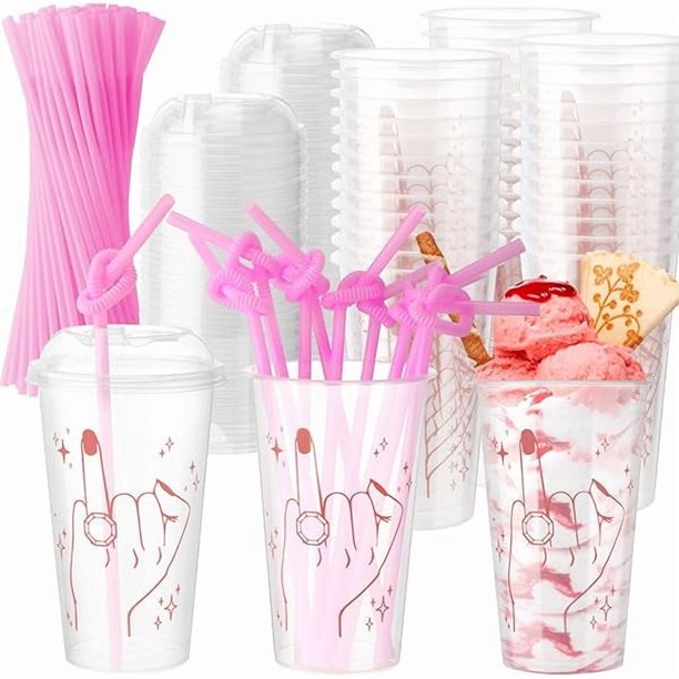 wonima02 48 Sets Bachelorette Party Cups 16 oz Bachelorette Party Decorations Rose Gold Ring Finger Reusable Cups Plastic Cups with 48 Lids 100 Straws for Bridal Shower Bridesmaid Party Gifts