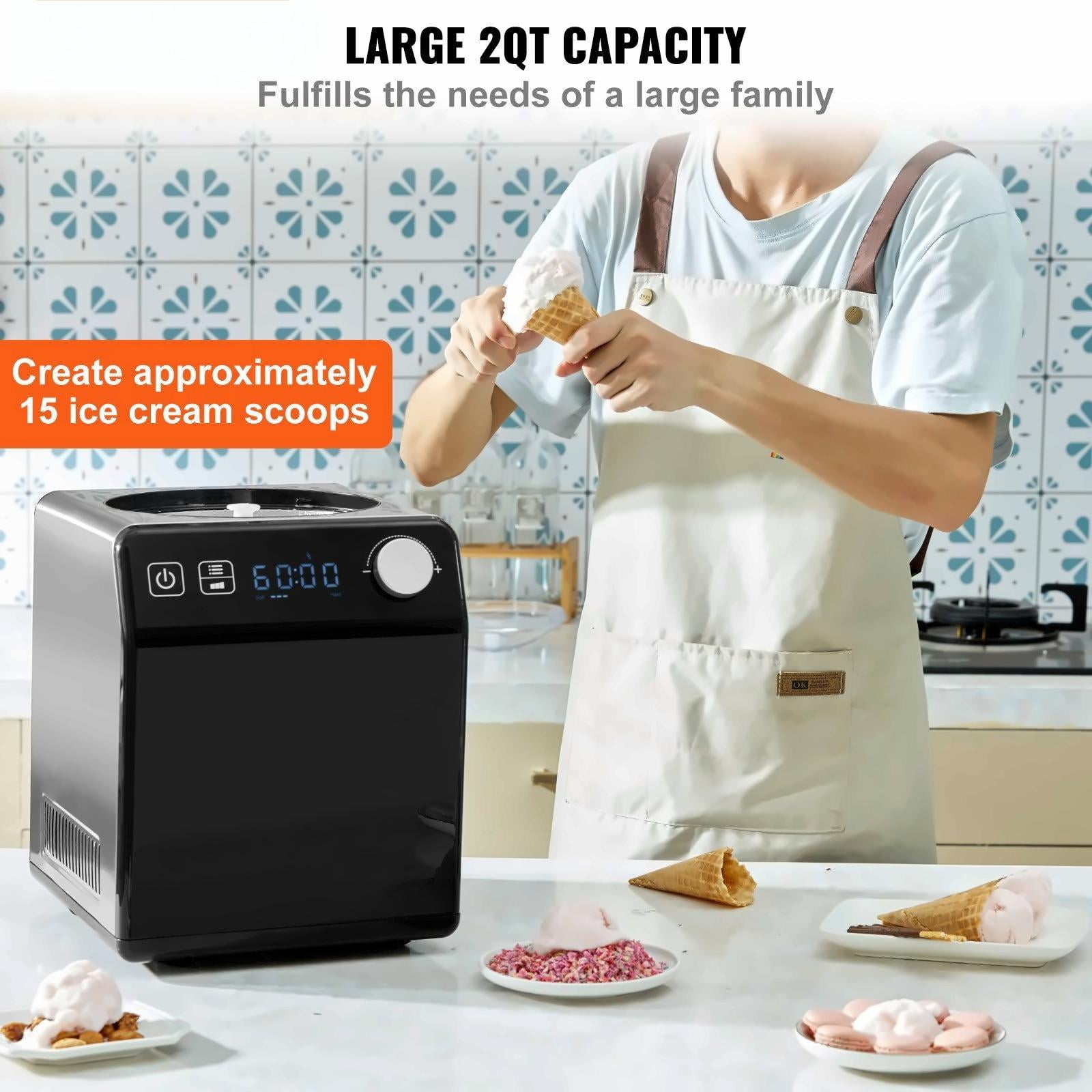 Ice Cream Maker, 2 Quart Automatic with Compressor - No Pre-freeze, Fruit & Yogurt, Stainless Steel Sorbet Gelato Machine, 4 Modes, Digital Display