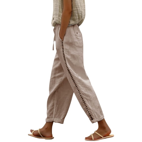 Women's Wide Leg Pants Summer Casual Linen Elastic Waist Loose Straight Leg Capri Beach With Pockets Stretch Dress Casual Flowy Palazzo Pants Women