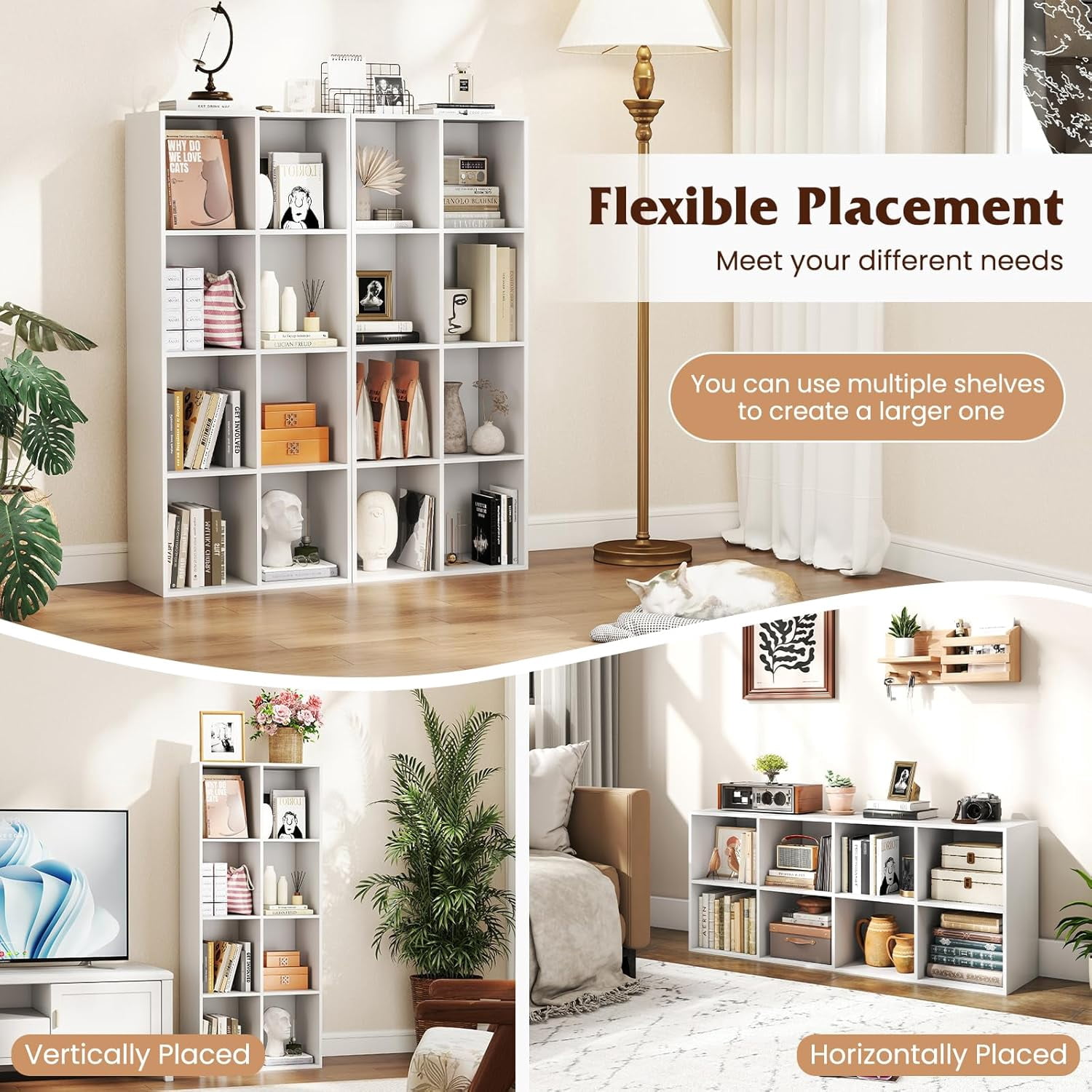 8 Cube Storage Organizer, Wooden Vertical & Horizontal Book Shelf, 24” Low Bookcase Under Window with Back Panels, 2-Tier Bookshelf for Classroom Home Office Living Room (White)