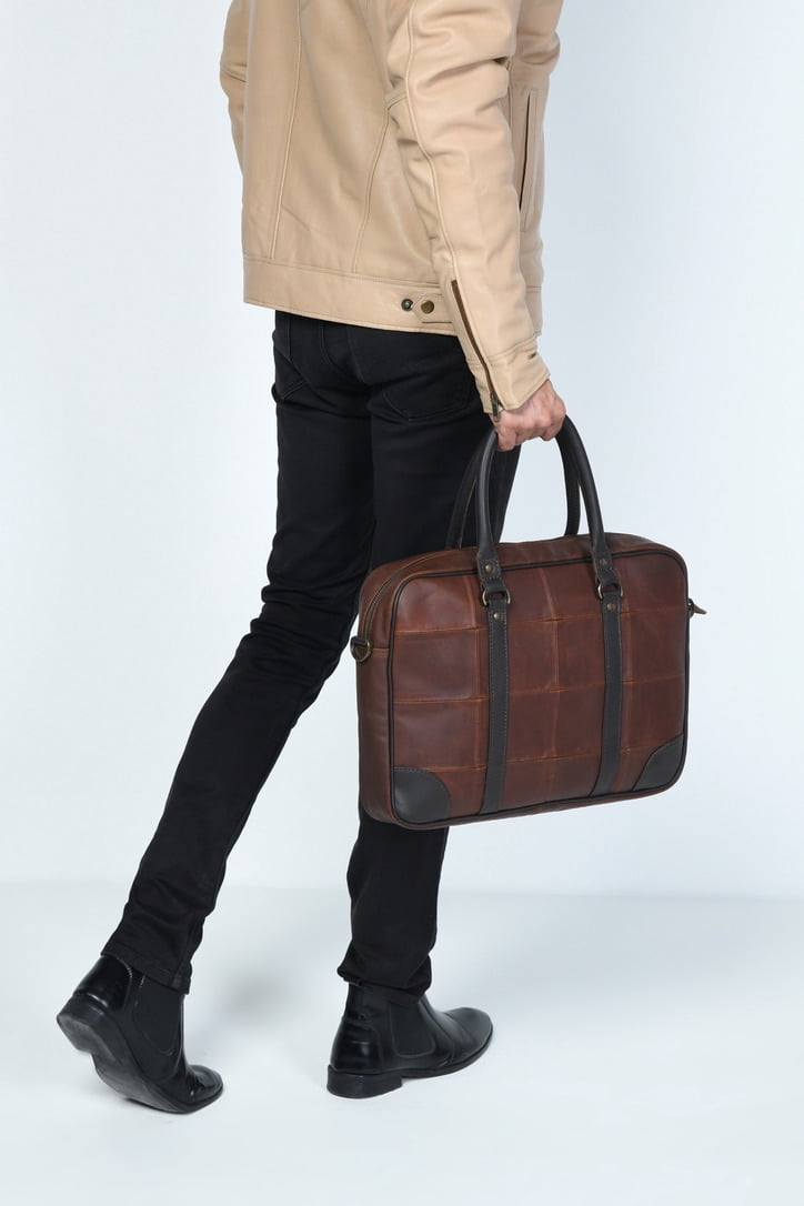 Two Tone Brown Leather Checkerboard Laptop Brief