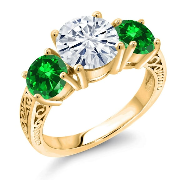 Gem Stone King 18K Yellow Gold Plated Silver White Moissanite and Green Created Emerald Engagement Ring for Women | 3.90 Cttw | Round 8MM | Gemstone Birthstone | Size 5