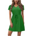 thumbnail image 1 of Dvprdro Robe d'Été Décontractée Unie à Manches Courtes pour Femme, Mode Élégante, Col en V, à Nouer, Robe Courte de Plage et Soleil, 1 of 5