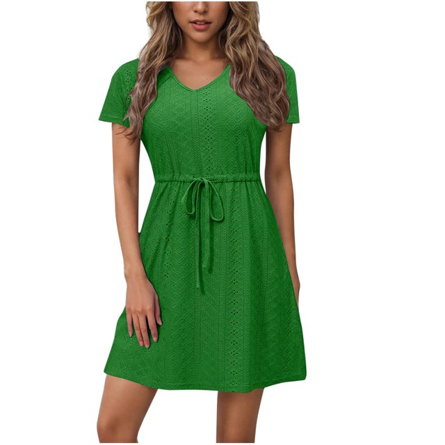 Dvprdro Robe d'Été Décontractée Unie à Manches Courtes pour Femme, Mode Élégante, Col en V, à Nouer, Robe Courte de Plage et Soleil