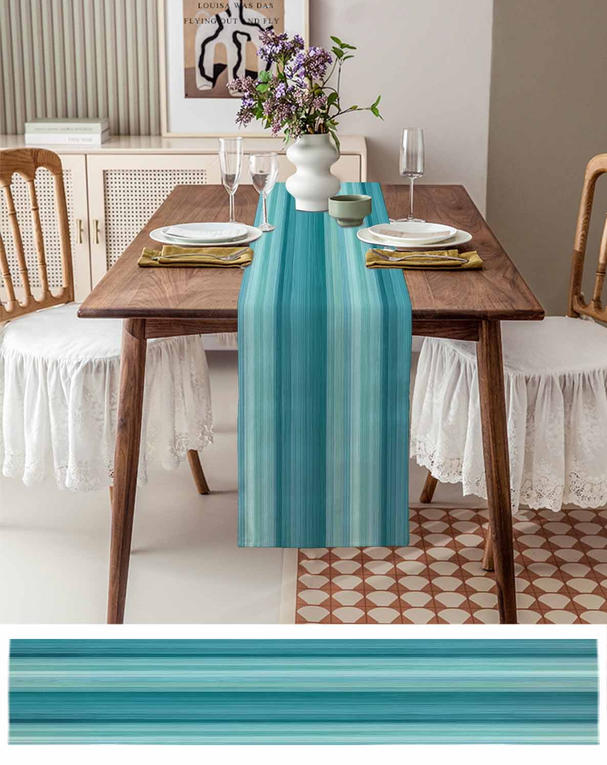 Hokiten Table Runners 90 Inches Long Dress Scarves, Teal Turquoise Aqua Ombre Farmhouse Coffee/Dining/Kitchen Table Runner for Living Room, Contemporary Abstract Lines 13x90 Inch