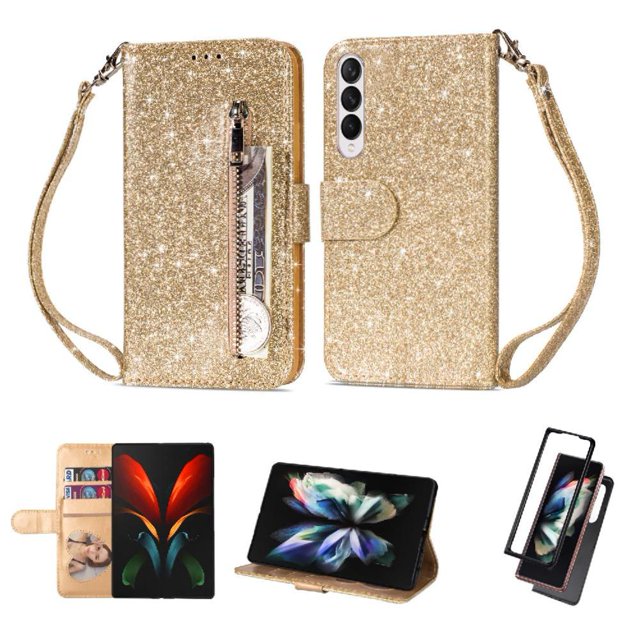 Case for FOXDOCK Samsung Galaxy Z Fold3 5G Glitter Zipper Wallet Case with Short Hand Strap