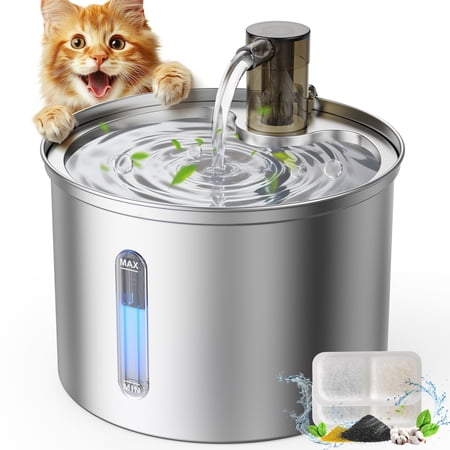 Oneisall 3L/101oz 304 Stainless Steel Cat Water Fountain, CW-03 Automatic Cat Water Dispenser, Sliver