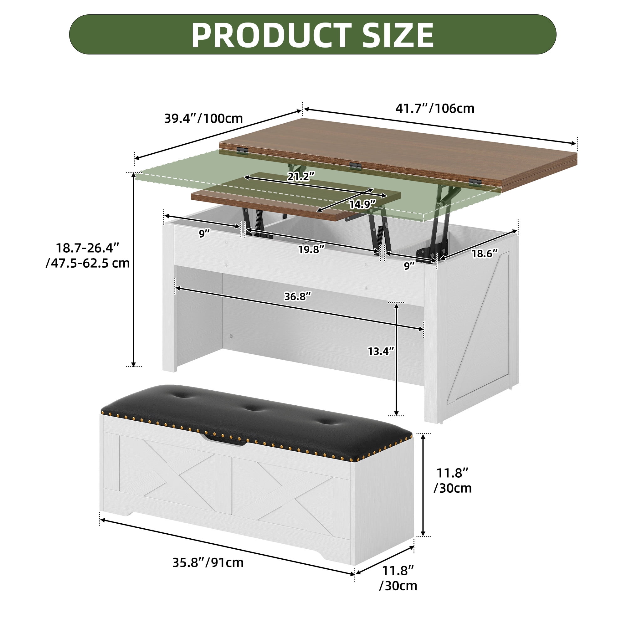 Uforic Wood Lift Top Coffee Table with Rolling Ottoman Storage Bench, White