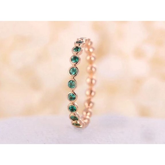 Emerald Eternity Band Matching Dainty Wedding Band Anniversary Ring 925 Sterling Silver Rose Gold Plated Gemstone Jewelry For Women Gift