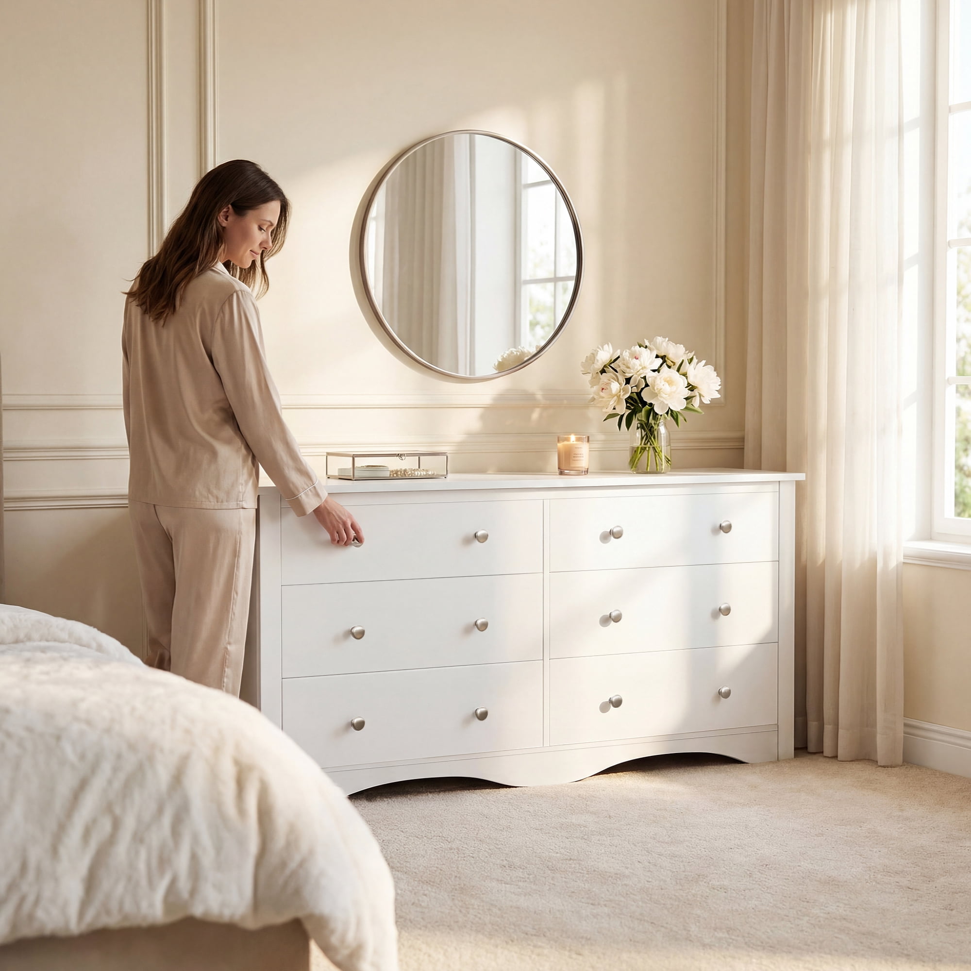 Homall 6 Drawer Dresser for Bedroom, Wood Double Chest of Drawers with Metal Handles, Wide Storage Cabinet Organizer for Living Room, White