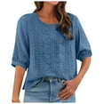 thumbnail image 3 of kaprioy Linen Shirts for Women Summer Retro Embroidered 3/4 Sleeve Boho Tops Dressy Casual Blouses Teacher Loose Tunics Blue, L, 3 of 7