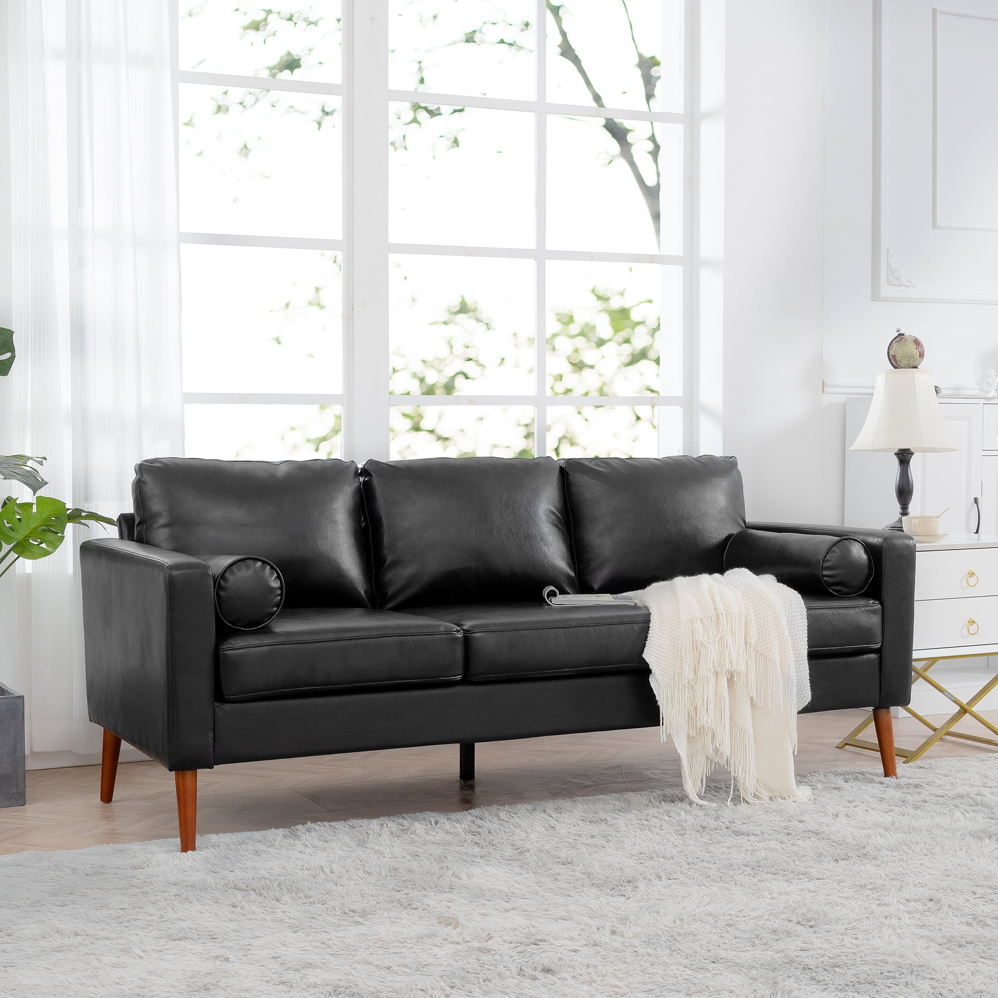 Kadyn 77" Sofa Couch, 3 Seat Comfy Couches for Living Room, Upholstered PU Sofa with Iron Wood Structure, Black Kadyn 77" Sofa Couch, 3 Seat Comfy Couches for Living Room, Upholstered PU Sofa with Iron Wood Structure, Black