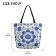 thumbnail image 5 of Open Top Canvas Tote Bag with Zipper Reusable Shopping Bag 13.5x15" Roomy Carryall Blue and White Batik Pattern, 5 of 9