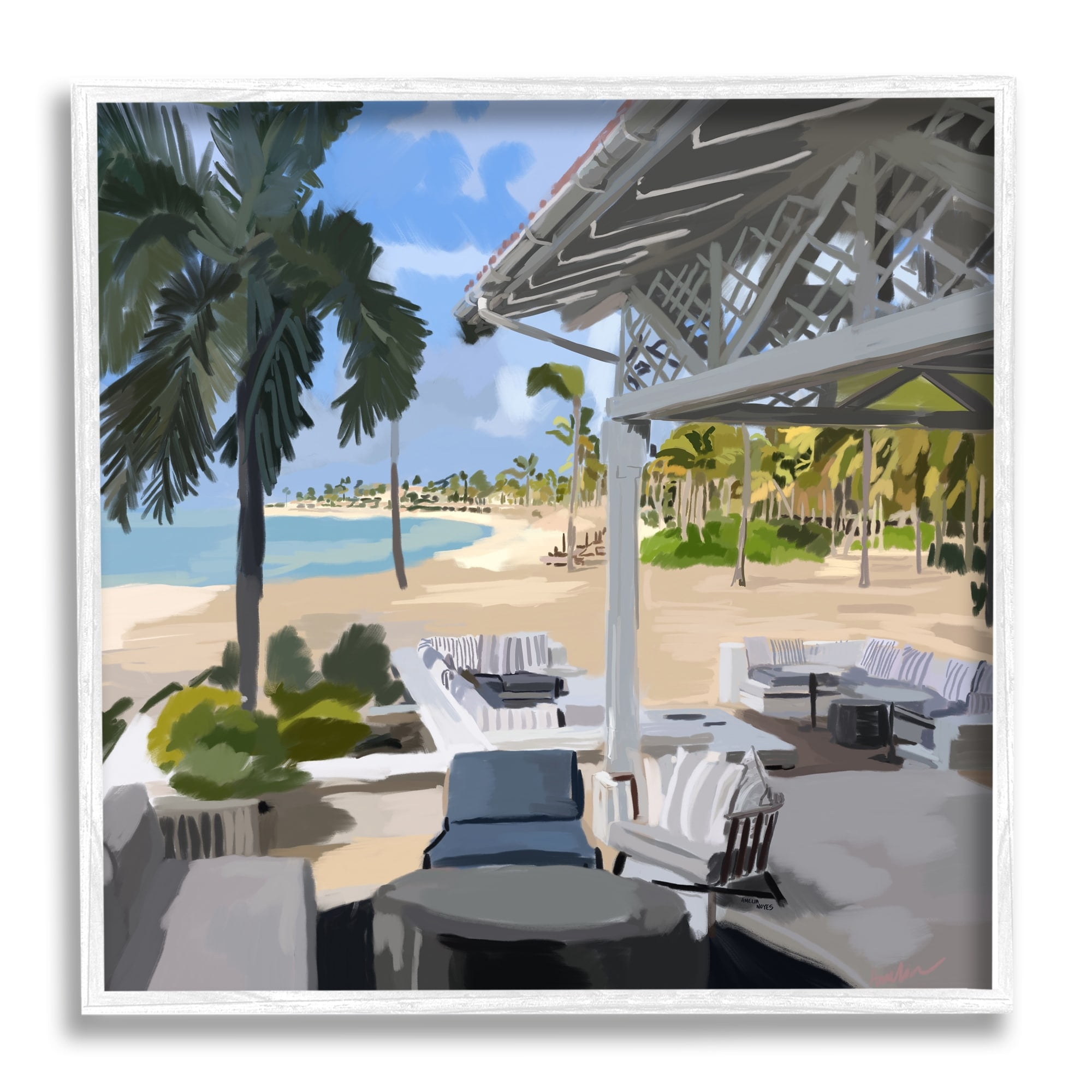 Stupell Industries Tropical Ocean Pergola Patio Lush Palm Trees Graphic Art White Framed Art Print Wall Art, Design by Amelia Noyes