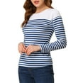 thumbnail image 4 of Blusa de mujer INSPIRE CHIC de rayas, bloque de color, de manga larga, camiseta casual, L azul y blanco, 4 of 7