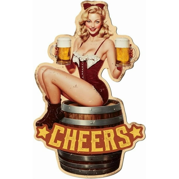 Cartel de chapa metálica vintage con diseño de mujer pin-up, 9,5 x 15 pulgadas, divertido, retro, para bares, cuevas de hombres, restaurantes, cerveza, mujer, saludos, arte de pared, placa decorativa.