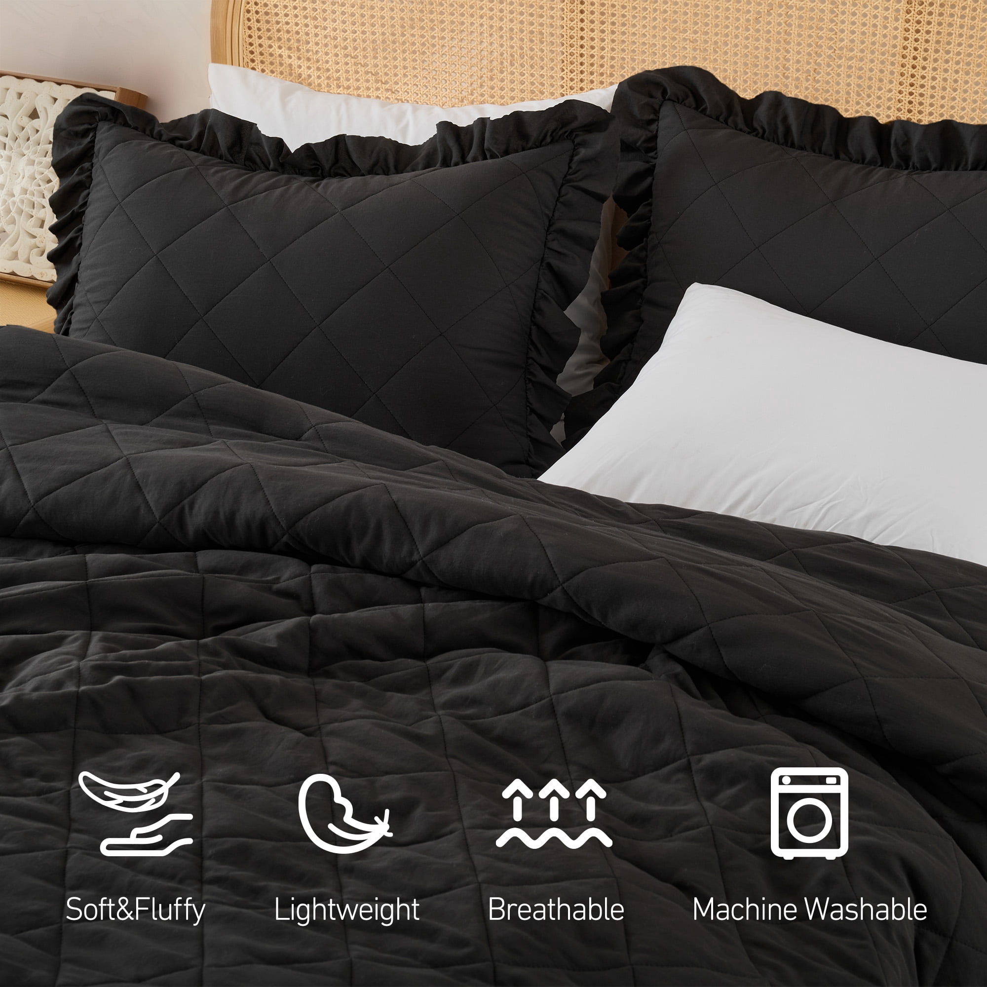 Regency Heights Twin/Twin XL Comforter Set Black, 2 Pieces Quilted Ruffle Comforters Twin/Twin XL Size, Solid Bedding Comforters Sets, Gift for Women