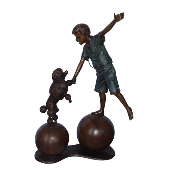 Nifao Boy and poodle balancing circus stars bronze statue – Outdoor Garden Decor Sculpture, 38"L x 27"W x 55"H