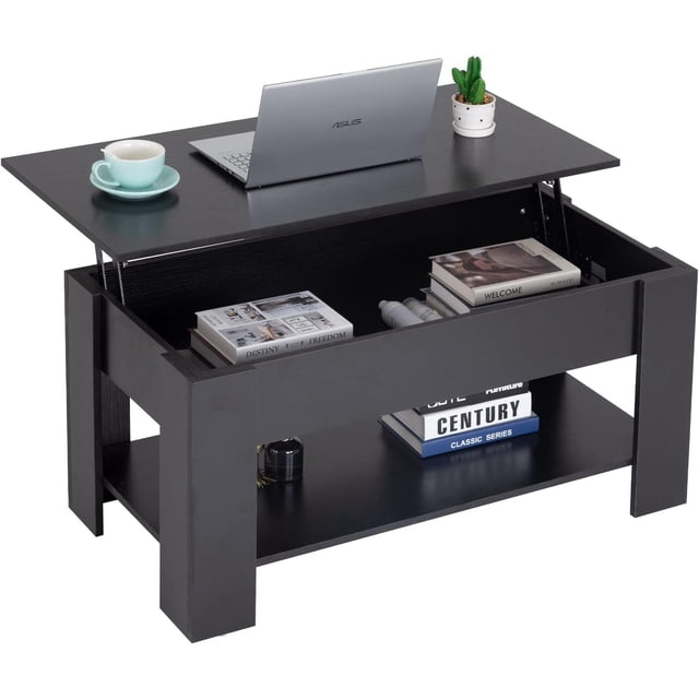 Table Basse Noire à Plateau Relevable avec Rangement Caché, Table de Salon Moderne en Bois de 39,4 Pouces avec Tablette Inférieure