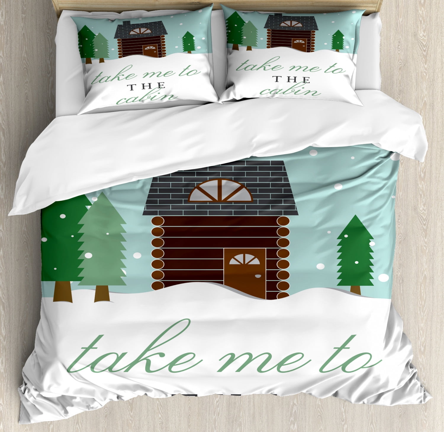 Log Cabin Duvet Cover Set, Greeting Card Sketch with Small Wooden Lodge