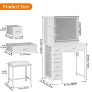Fairy Vanity Desk Lighted Mirror 5 Drawers Power Outlet Side Hooks Hair Dryer Holder Stool Table Set White