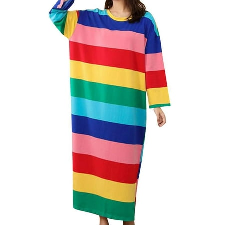 

Women Rainbow Stripes Print Long Sleeve Nightdress Casual Pajama Home Clothing